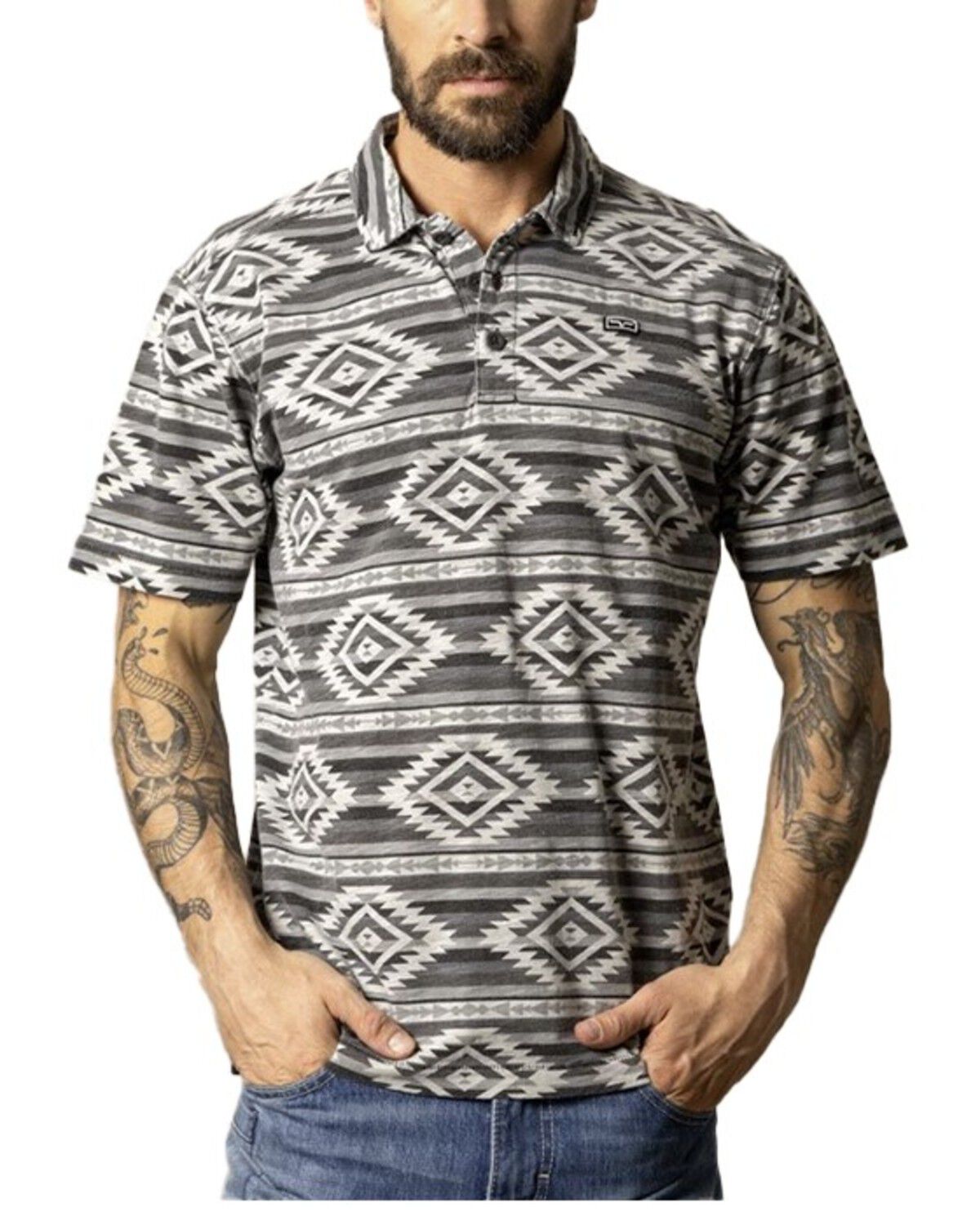 Image #1 - Kimes Ranch Men' Tulum Southwestern Print Short Sleeve Button-Down Polo Shirt, Grey, hi-res