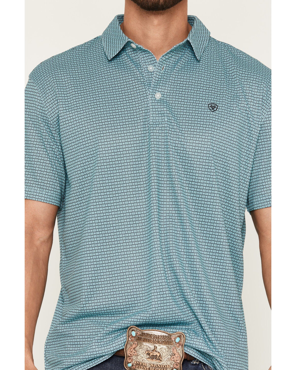 Image #3 - Ariat Men's All Over Print Classic Fit Short Sleeve Button-Down Polo Shirt, Teal, hi-res