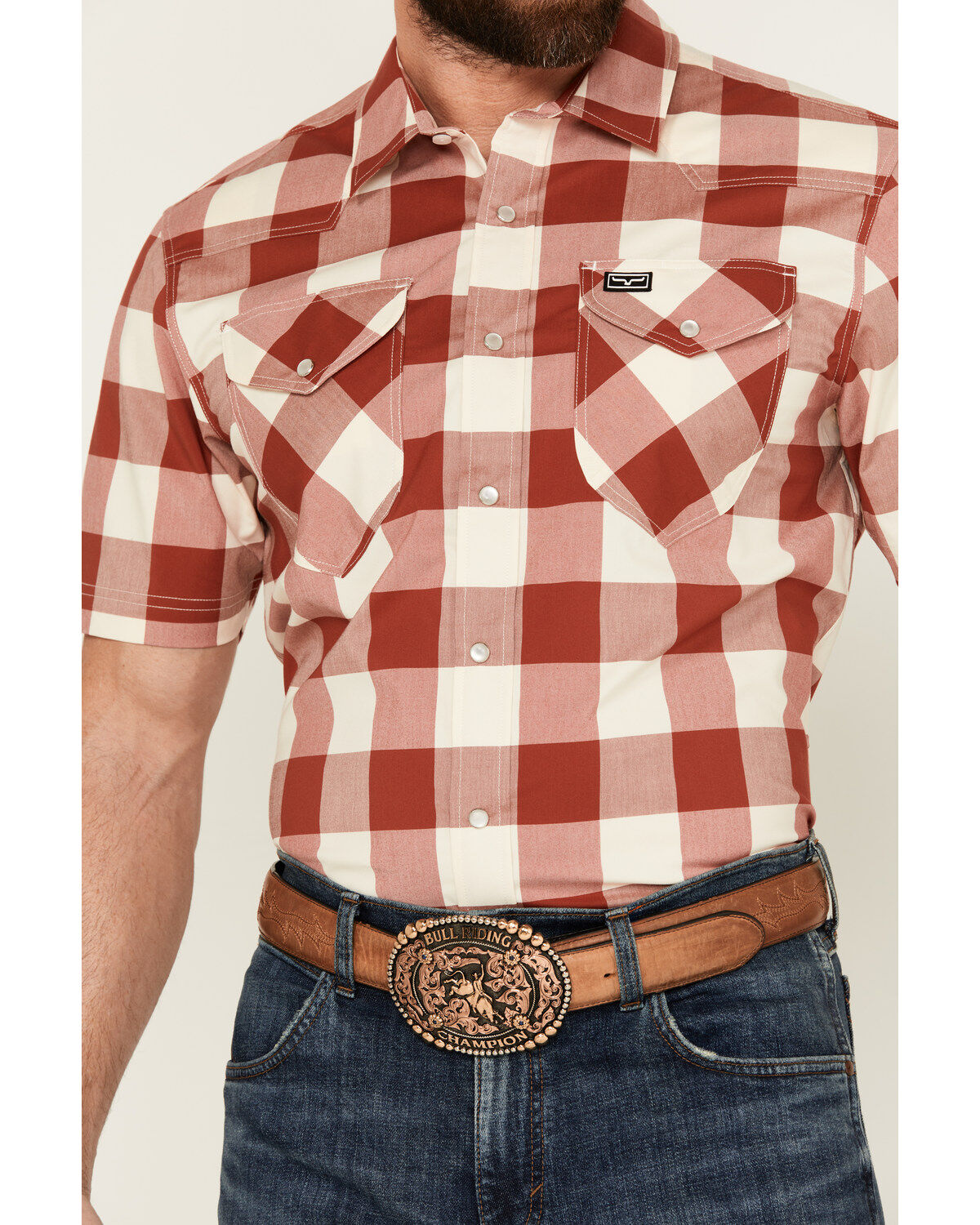 Image #3 - Kimes Ranch Men's Malcom Buffalo Plaid Print Short Sleeve Pearl Snap Western Shirt, Red, hi-res