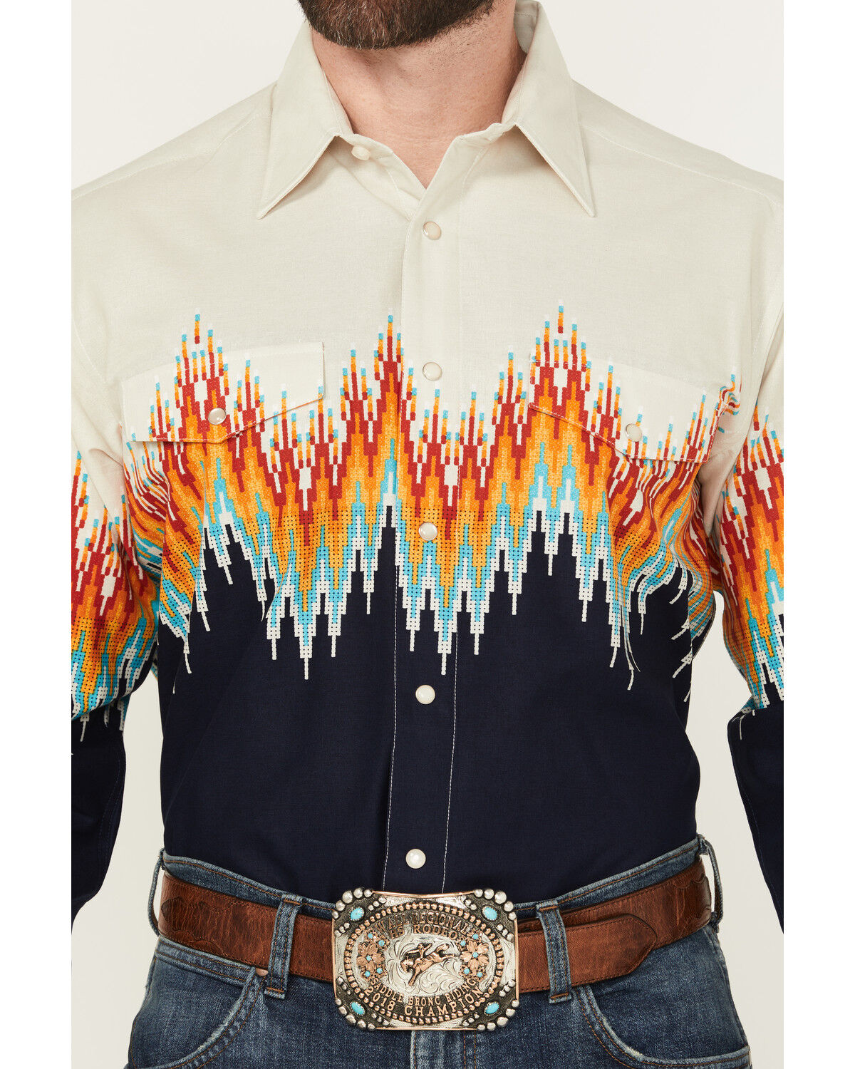 Image #3 - Panhandle Men's Southwestern Border Long Sleeve Snap Western Shirt, Navy, hi-res