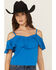Image #2 - Shyanne Women's Cold Shoulder Ruffle Tank Top, Medium Blue, hi-res