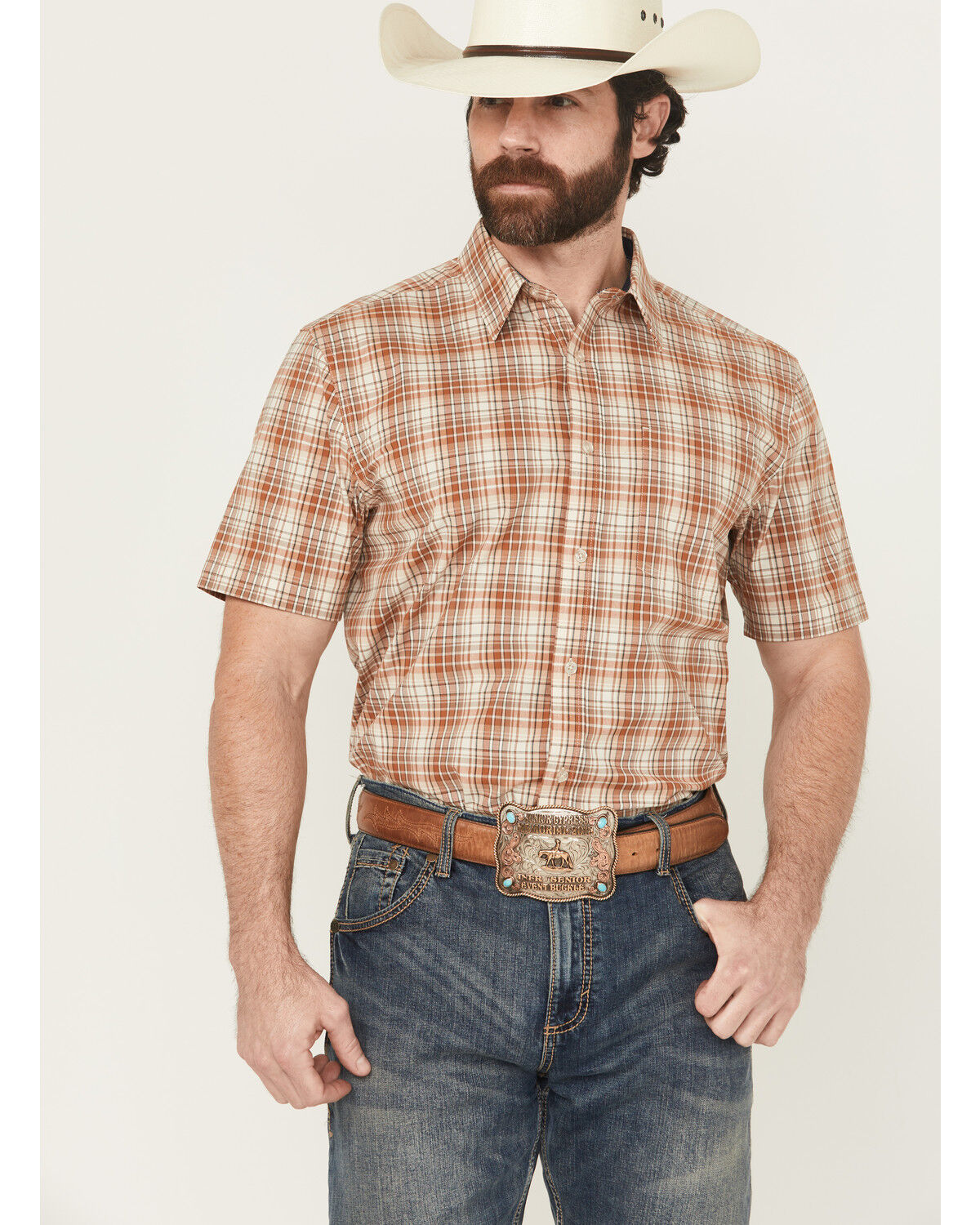 Image #1 - Cody James Men's Cowboy Chic Plaid Print Short Sleeve Button-Down Stretch Western Shirt, Cream, hi-res
