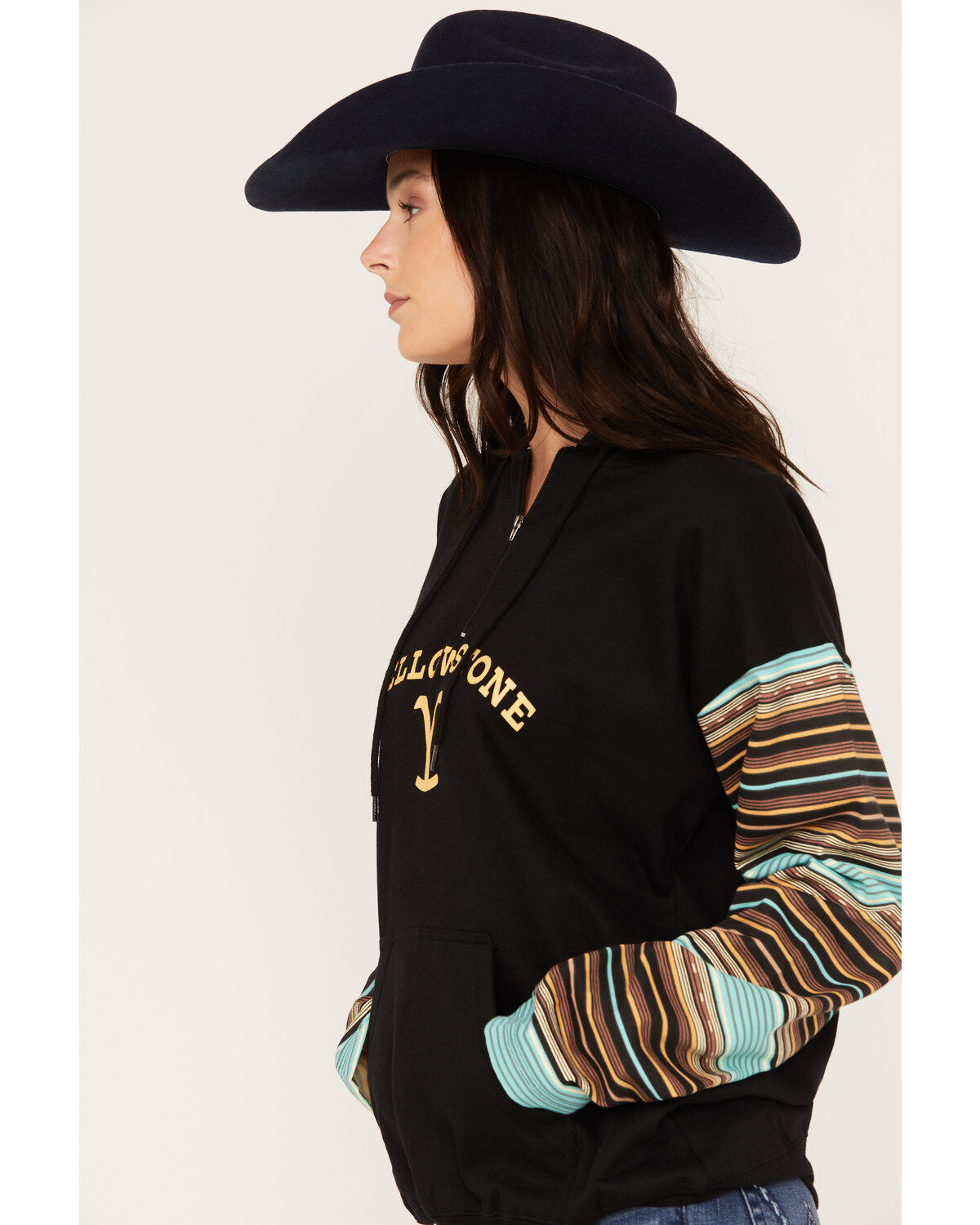 Image #2 - Paramount Network's Yellowstone Women's Serape Striped Print Logo Hoodie, Teal, hi-res