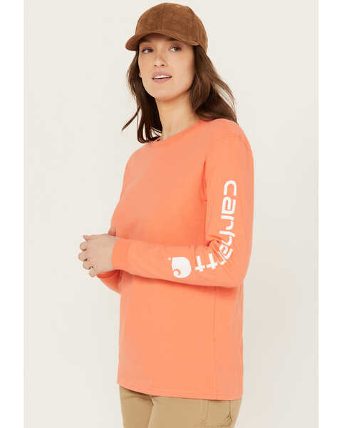 Carhartt Women's Loose Fit Heavyweight Long Sleeve Logo Graphic Work Tee, Coral, hi-res