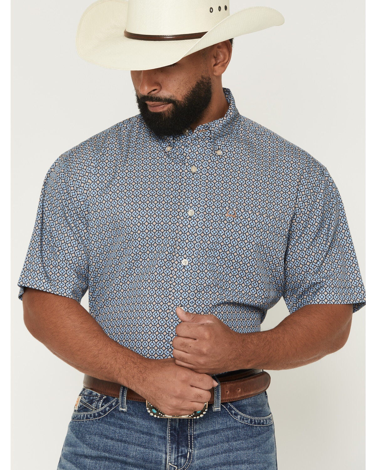 Image #1 - Cinch Men's AF Geo Print Short Sleeve Button-Down Stretch Western Shirt, Blue, hi-res