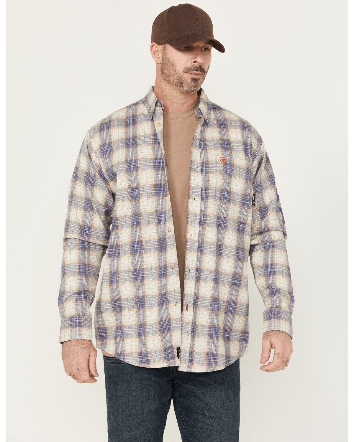 Ariat Men's FR Crenshaw Logo Plaid Print Long Sleeve Button-Down Work Shirt, Grey, hi-res