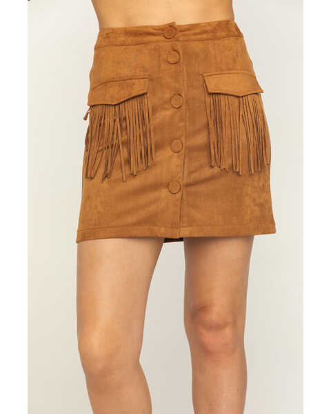 Image #4 - Flying Tomato Women's Fringe Pocket Mini Skirt, Camel, hi-res