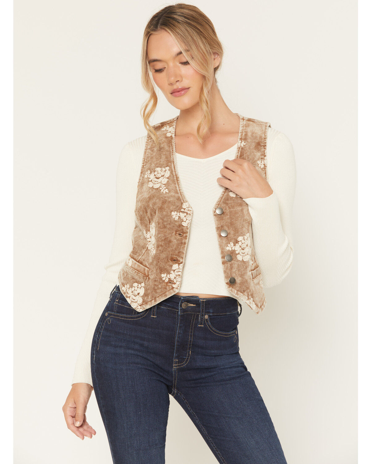 Image #1 - Mystree Women's Corduroy Floral Embroidered Vest, Brown, hi-res