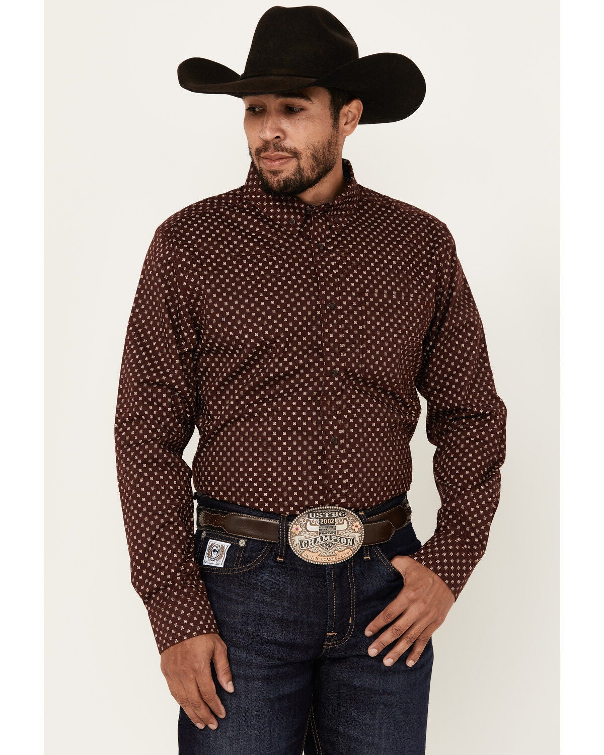 Cody James Men's Big Deal Geo Print Long Sleeve Button-Down Stretch Western Shirt, Burgundy, hi-res