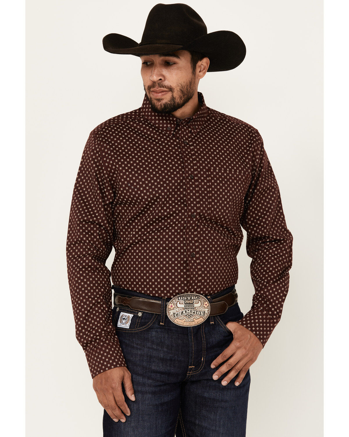 Image #1 - Cody James Men's Big Deal Geo Print Long Sleeve Button-Down Stretch Western Shirt, Burgundy, hi-res