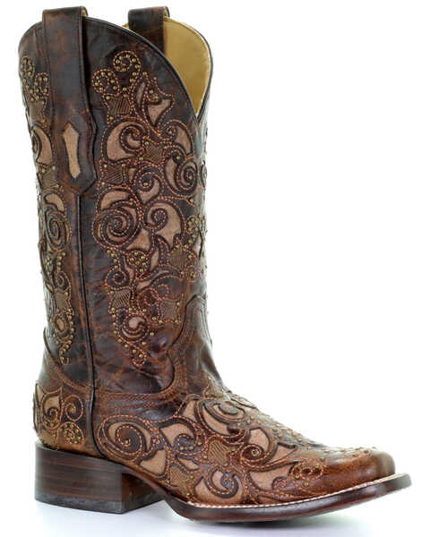 Image #1 - Corral Women's Embroidered Stud Inlay Western Boots, Brown, hi-res