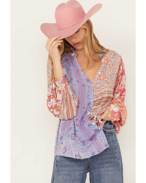 Jen's Pirate Booty Women's Fairytale Soho Patchwork Button-Down Top , Multi, hi-res