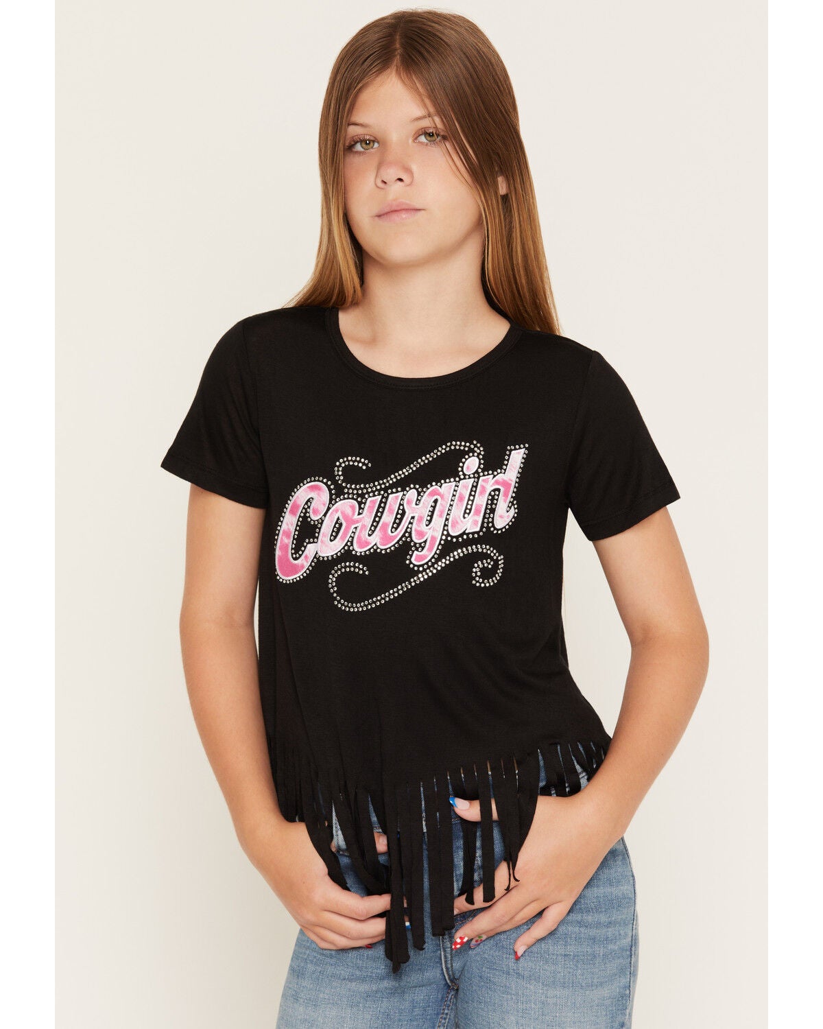 Cowgirl Hardware Girls' Sassy Cowgirl Embellished Fringe Short Sleeve Tee, Black, hi-res