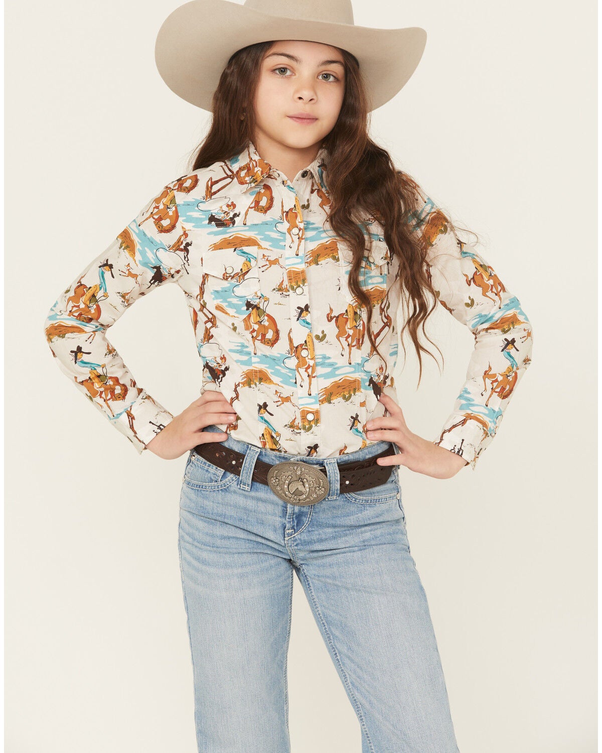 Cruel Girl Girls' Cowgirl Printed Long Sleeve Snap Western Shirt, Cream, hi-res