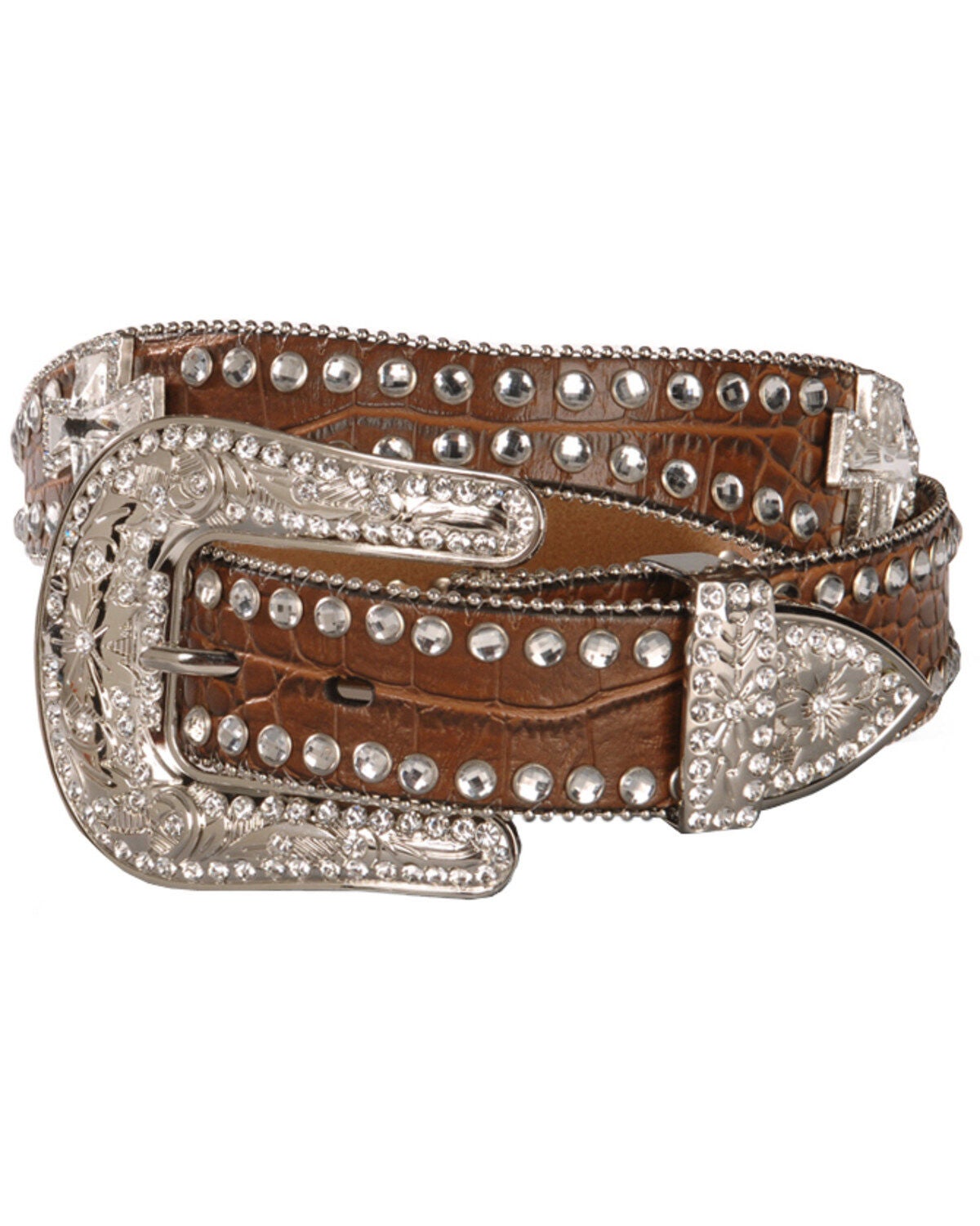 Blazin Roxx Scalloped Rhinestone Cross Croc Print Belt, Brown, hi-res
