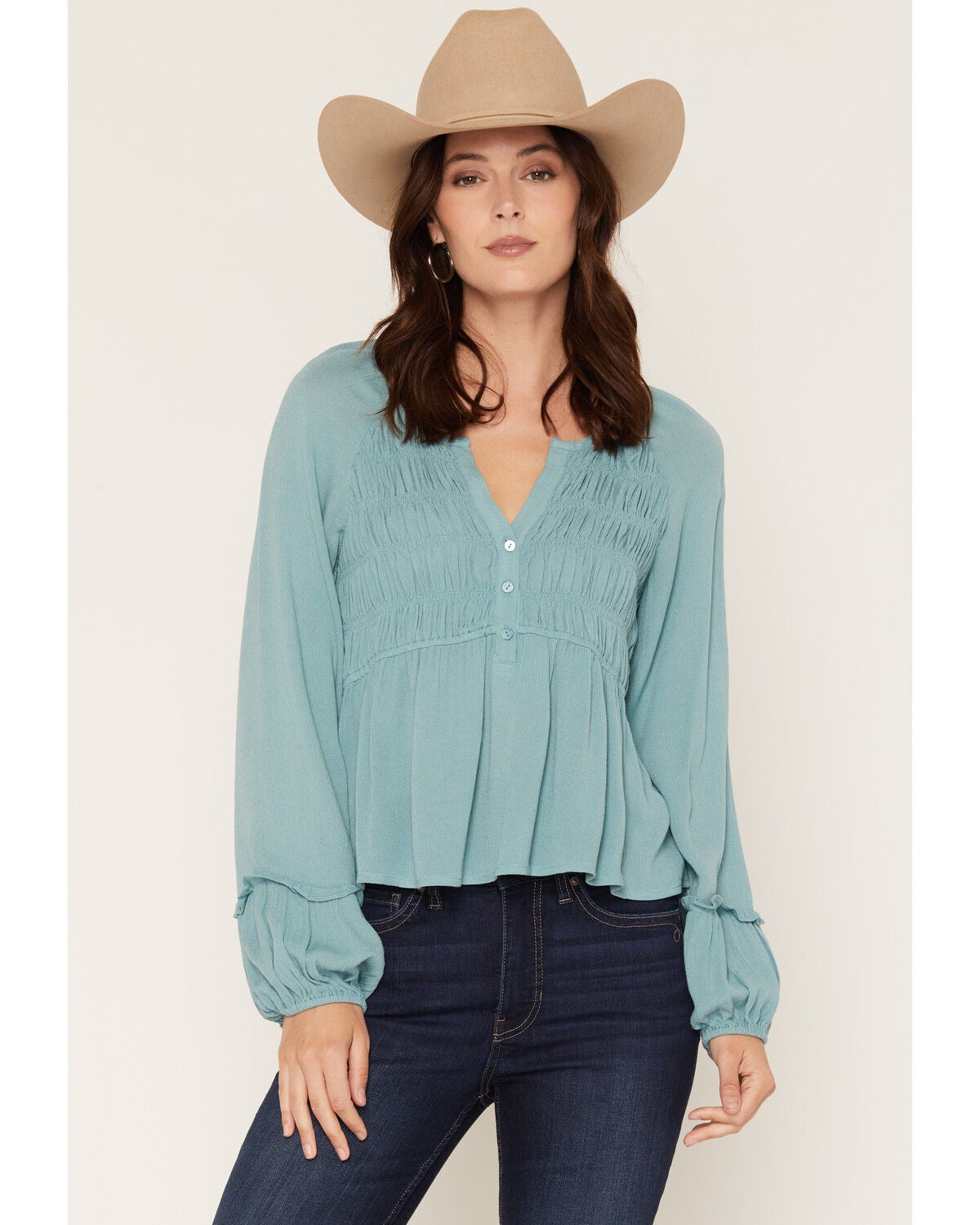 Lovestitch Women's Long Sleeve Rouched Front Top, Blue, hi-res