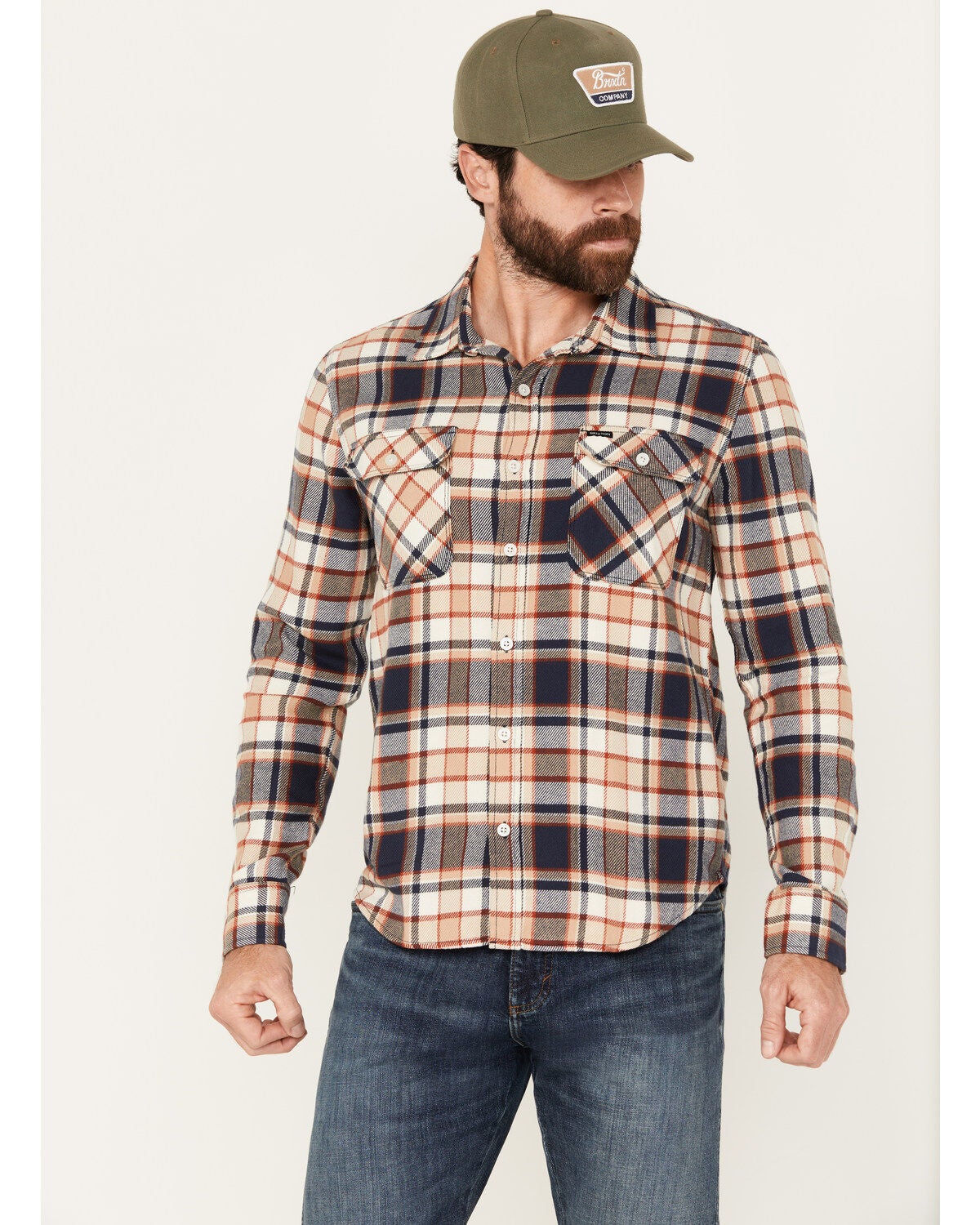 Brixton Men's Bowery Plaid Print Long Sleeve Button-Down Flannel Shirt, Navy, hi-res