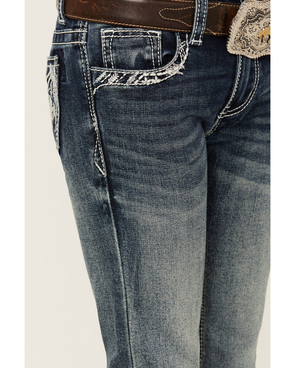 Image #2 - Grace in LA Little Girls' Medium Wash Steer Head Pocket Stretch Bootcut Jeans, Medium Wash, hi-res