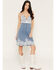Image #1 - Blue B Women's Boot Barn Exclusive Lace Trim Sleeveless Denim Mini Dress, Medium Wash, hi-res