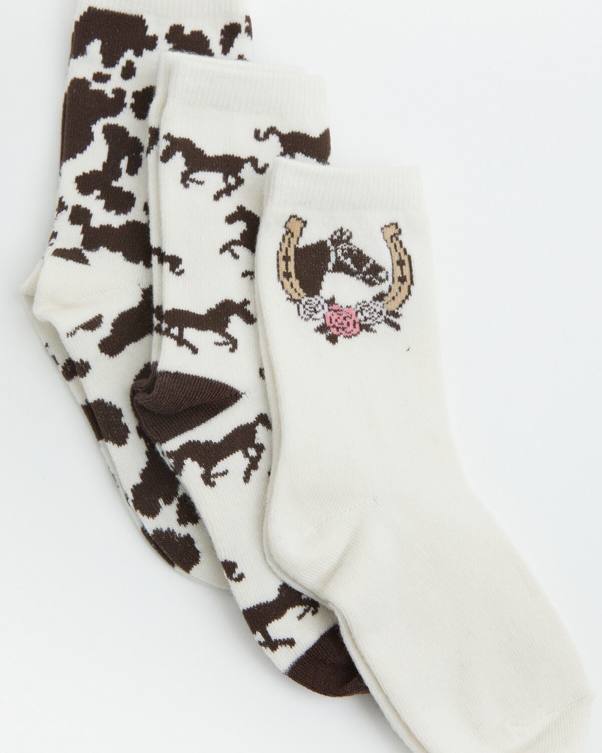 Boot Barn Kids' Karis Running Horses Crew Socks - 3 Pack, Cream, hi-res
