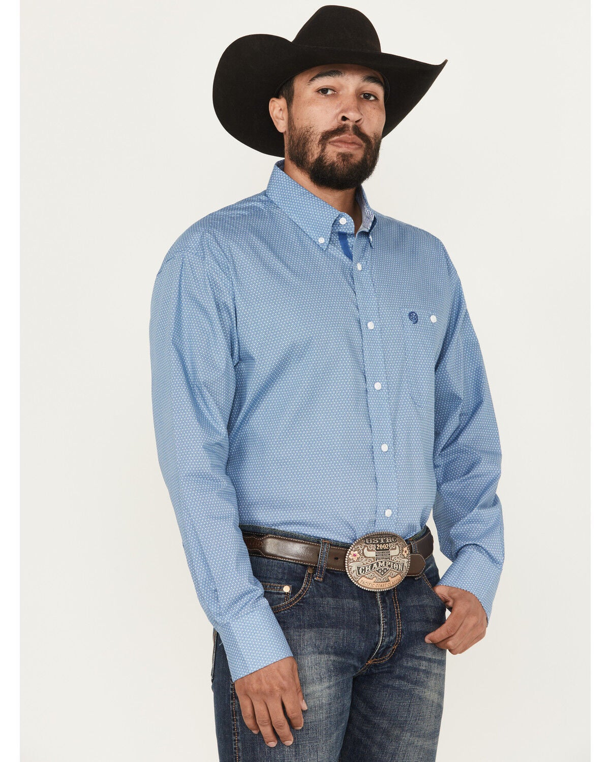 George Strait by Wrangler Men's Geo Print Long Sleeve Button-Down Stretch Western Shirt - Tall, Blue, hi-res