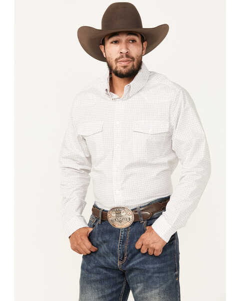 Justin Men's Geo Print Long Sleeve Button-Down Stretch Western Shirt, White, hi-res