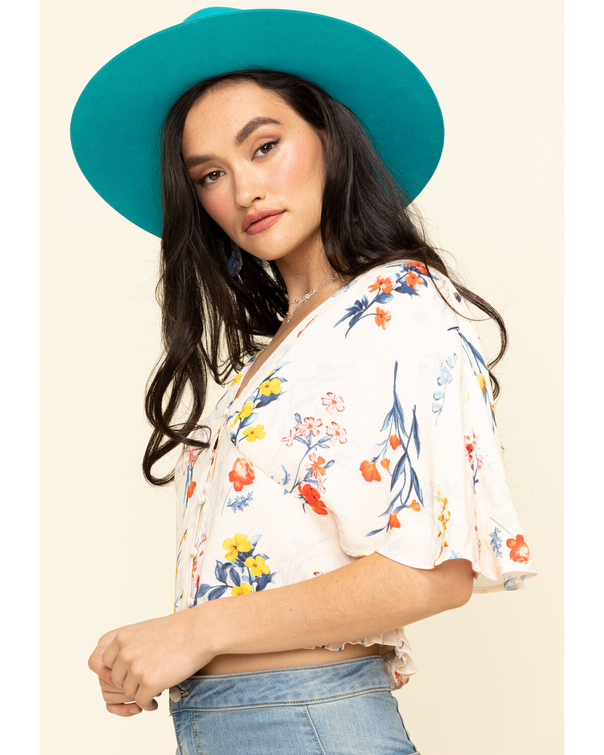 Image #5 - Miss Me Women's Cream Floral Button Down Ruffle Top, , hi-res