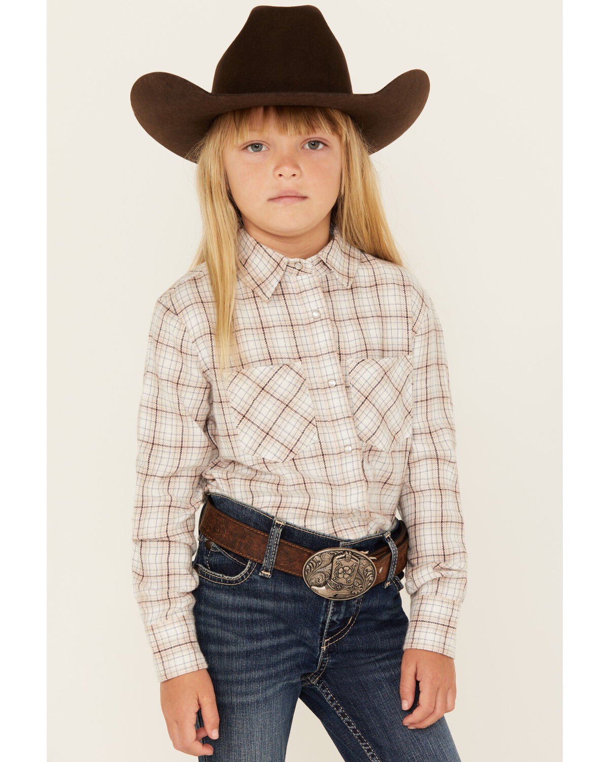 Shyanne Girls' Plaid Print Long Sleeve Snap Western Shirt, Off White, hi-res