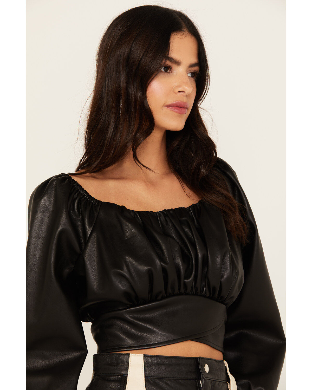 Image #2 - Beyond The Radar Women's Faux Leather Tie Back Crop Top, Black, hi-res