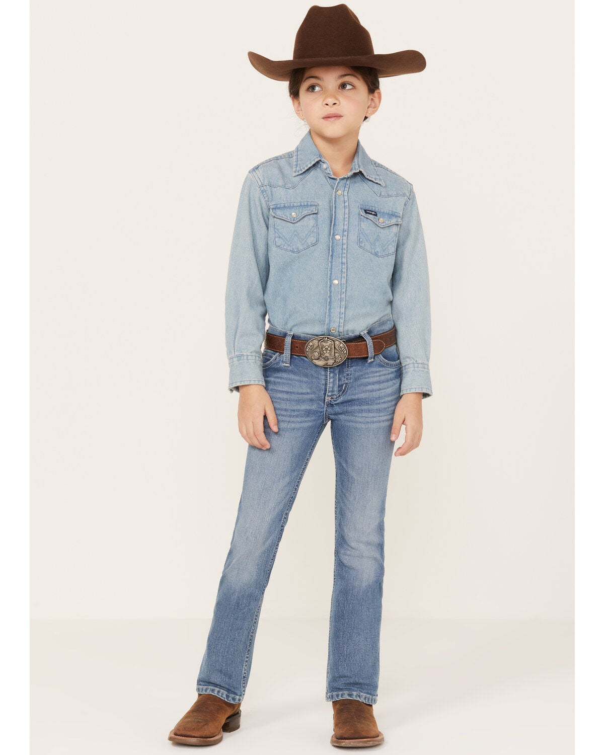 Image #1 - Wrangler Girls' Light Wash Embroidered Pocket Bootcut Jeans, , hi-res