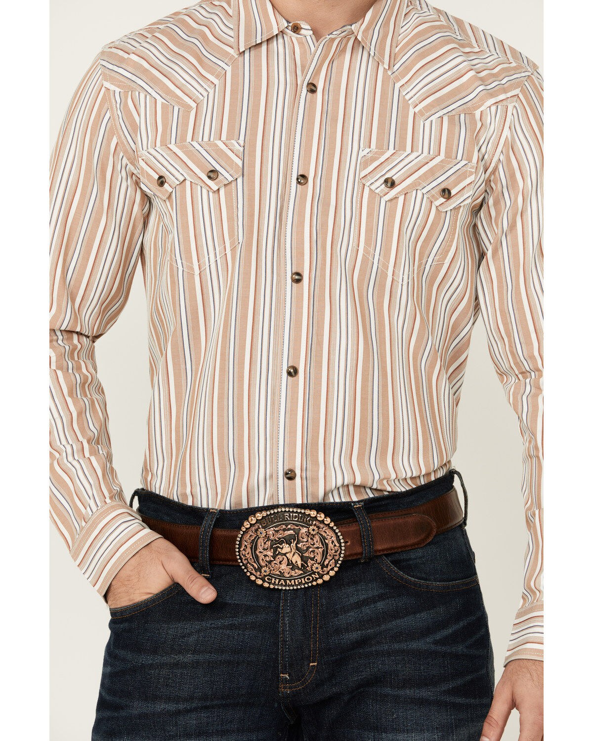 Image #3 - Cody James Men's Tough Guy Dobby Striped Print Long Sleeve Snap Western Shirt, Cream, hi-res