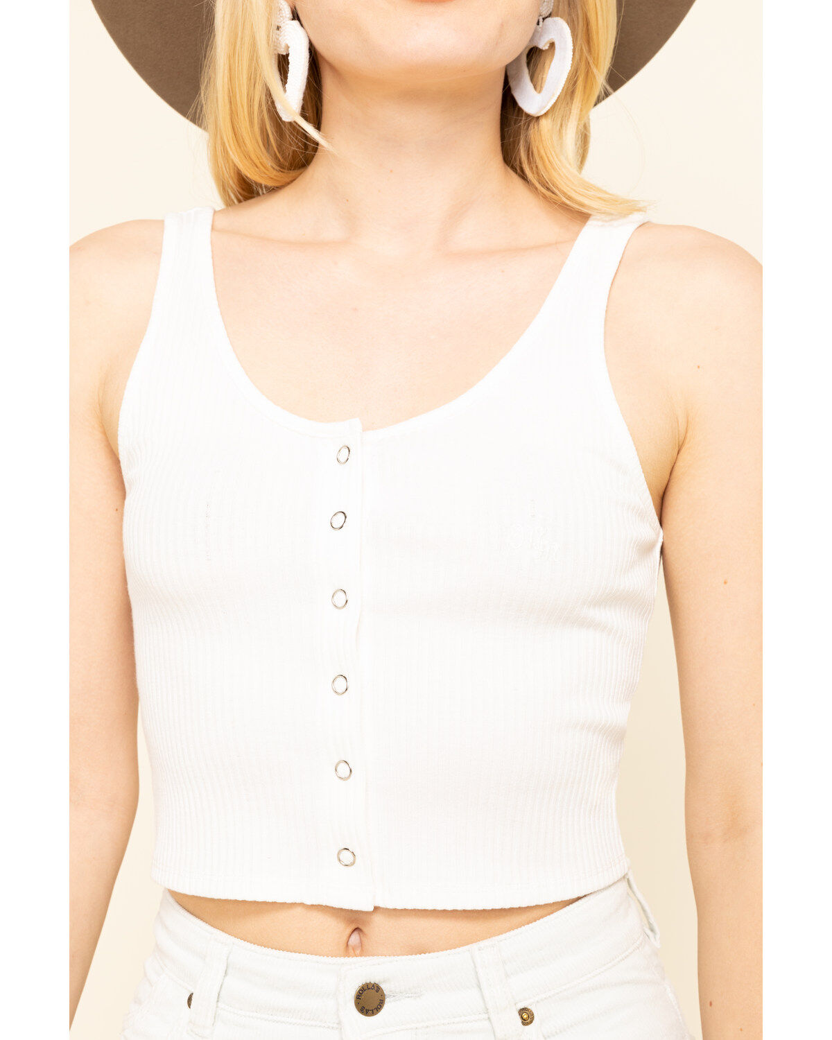 Image #4 - Miss Me Women's Ivory Ribbed Button Crop Top, , hi-res
