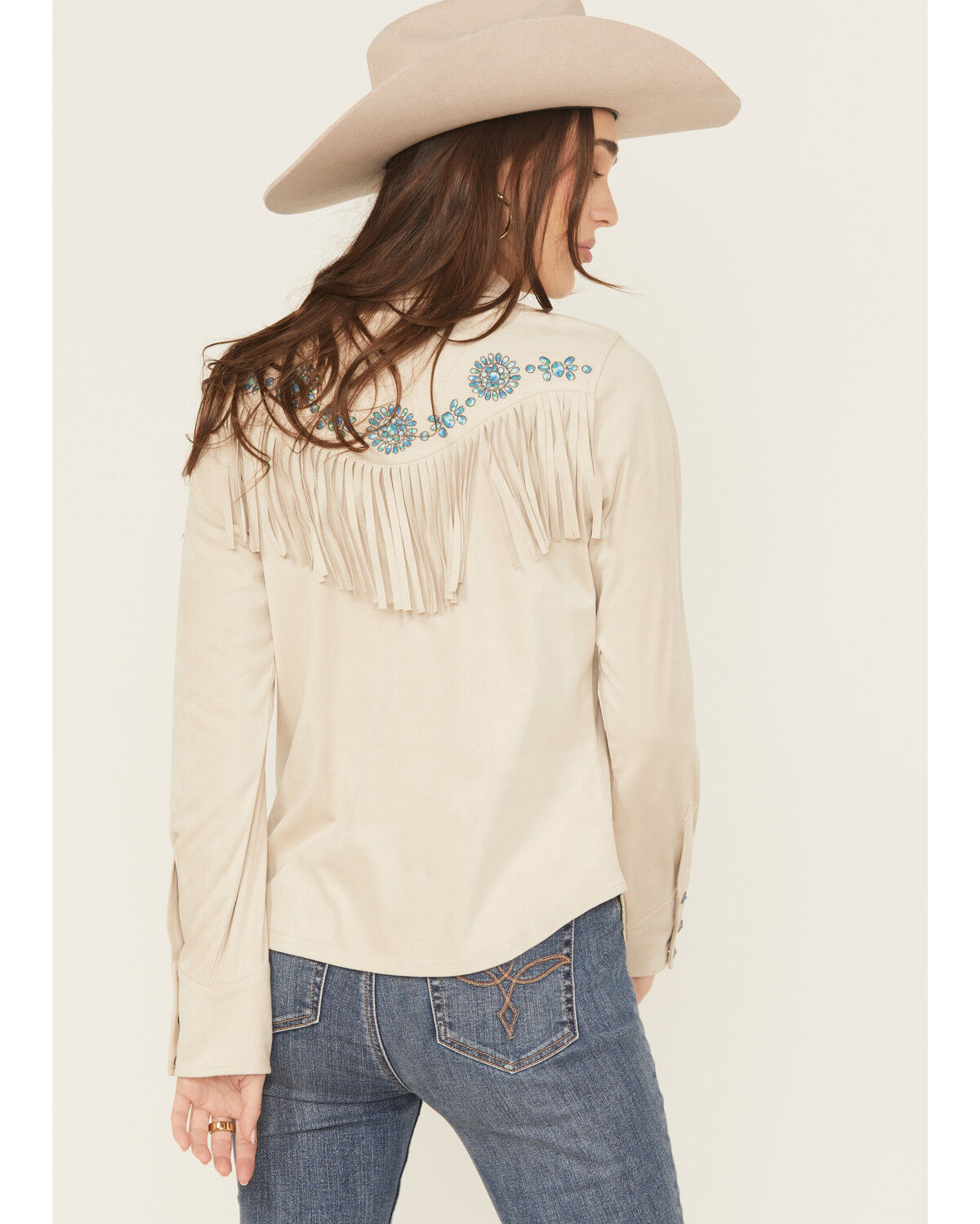 Image #4 - Shyanne Women's Embellished Faux Suede Long Sleeve Fringe Top, Oatmeal, hi-res