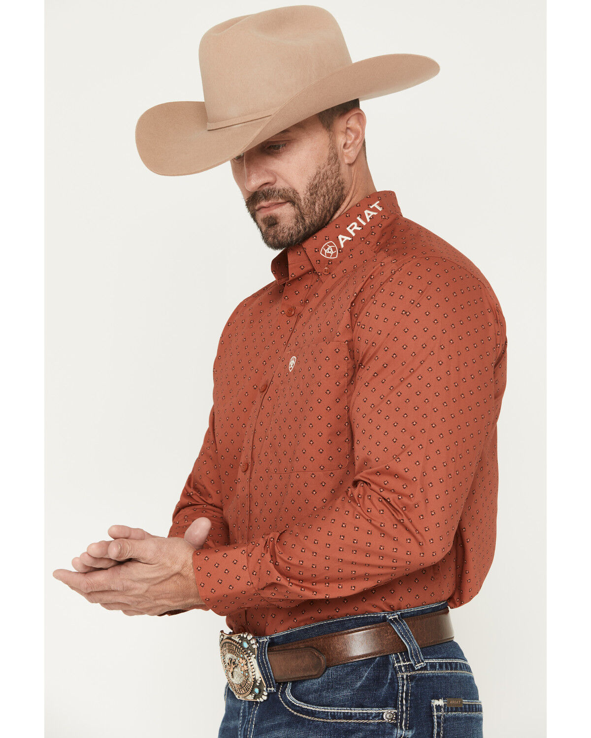 Image #2 - Ariat Men's Team Porter Geo Print Long Sleeve Button-Down Western Shirt, Rust Copper, hi-res