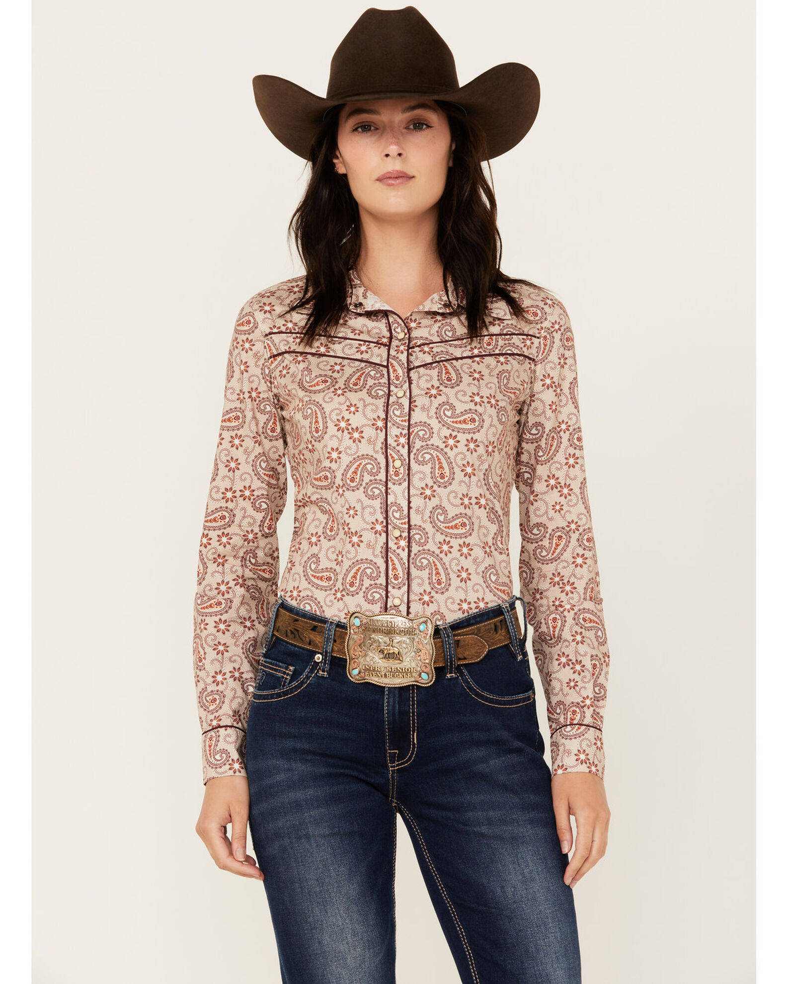 Product Name Rock Roll Denim Women s Paisley Print Double Piping Long Sleeve Snap Western Shirt