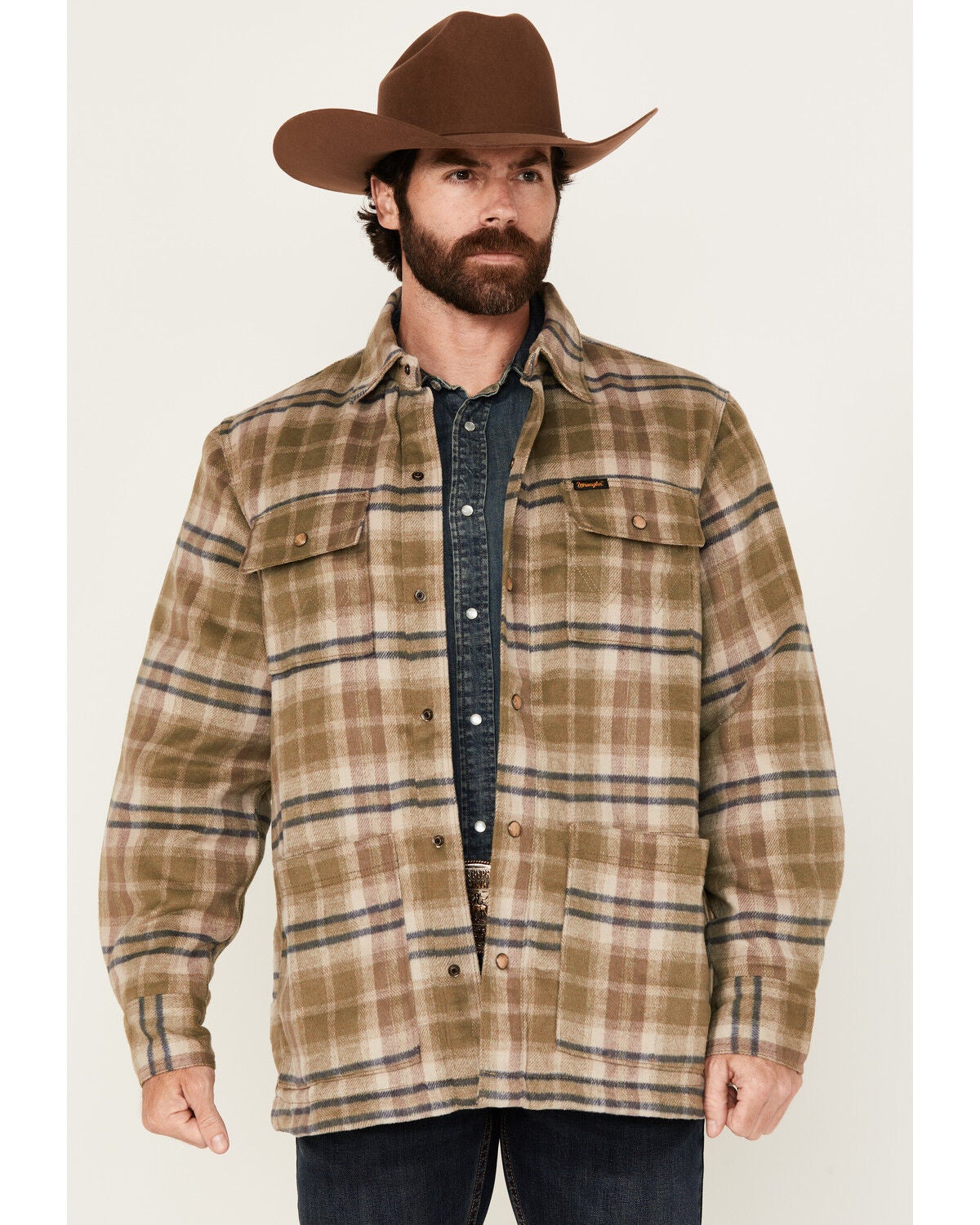 Wrangler Men's Plaid Print Quilted Jacket, Olive, hi-res