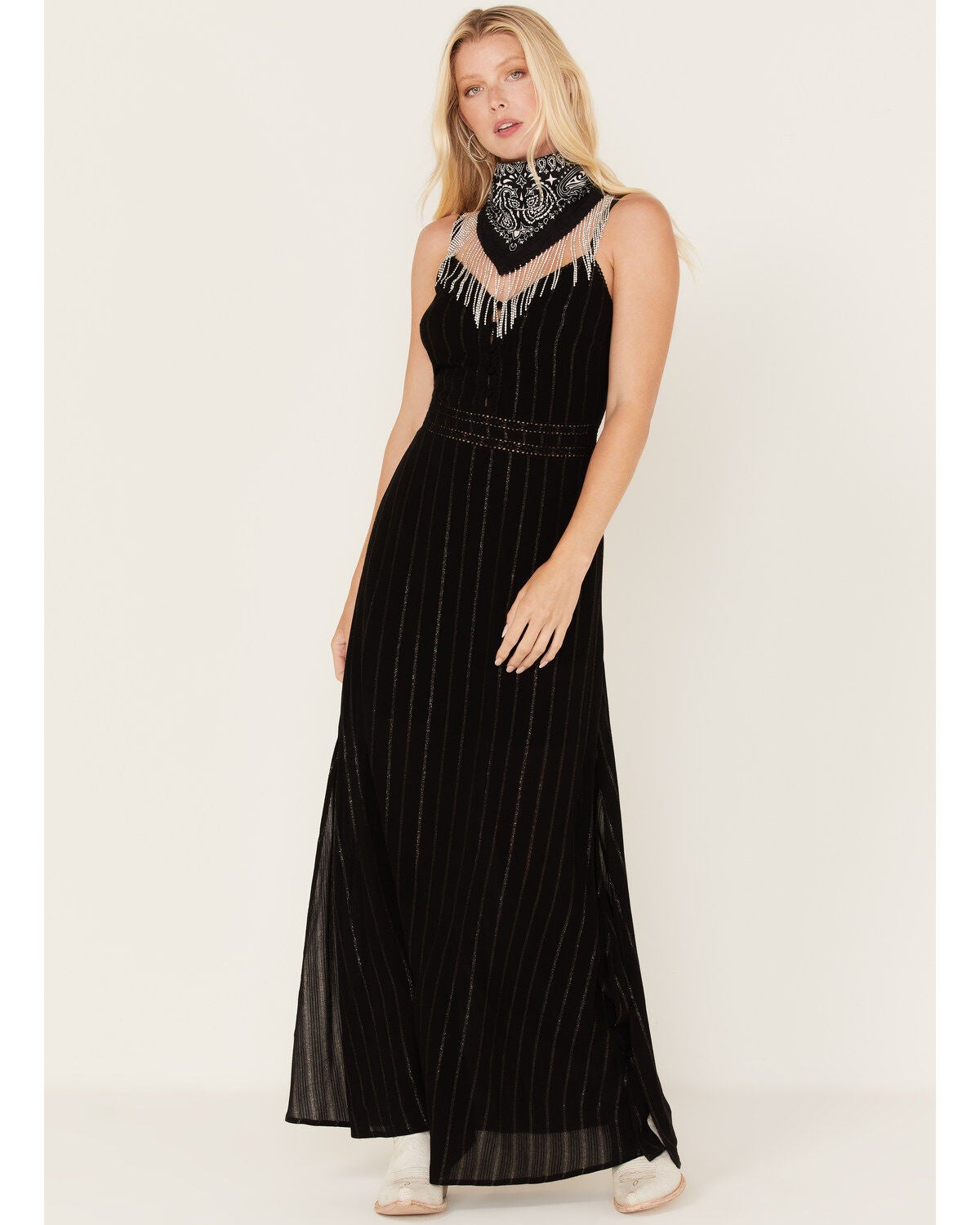 knee length dresses for ladies METALLIC STRIPED CHIFFON MAXI DRESS IN GREEN | CULT MIA main image 0