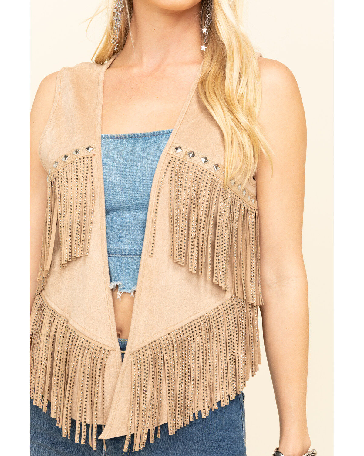 Image #5 - Vocal Women's Studded Fringe Suede Vest, Stone, hi-res