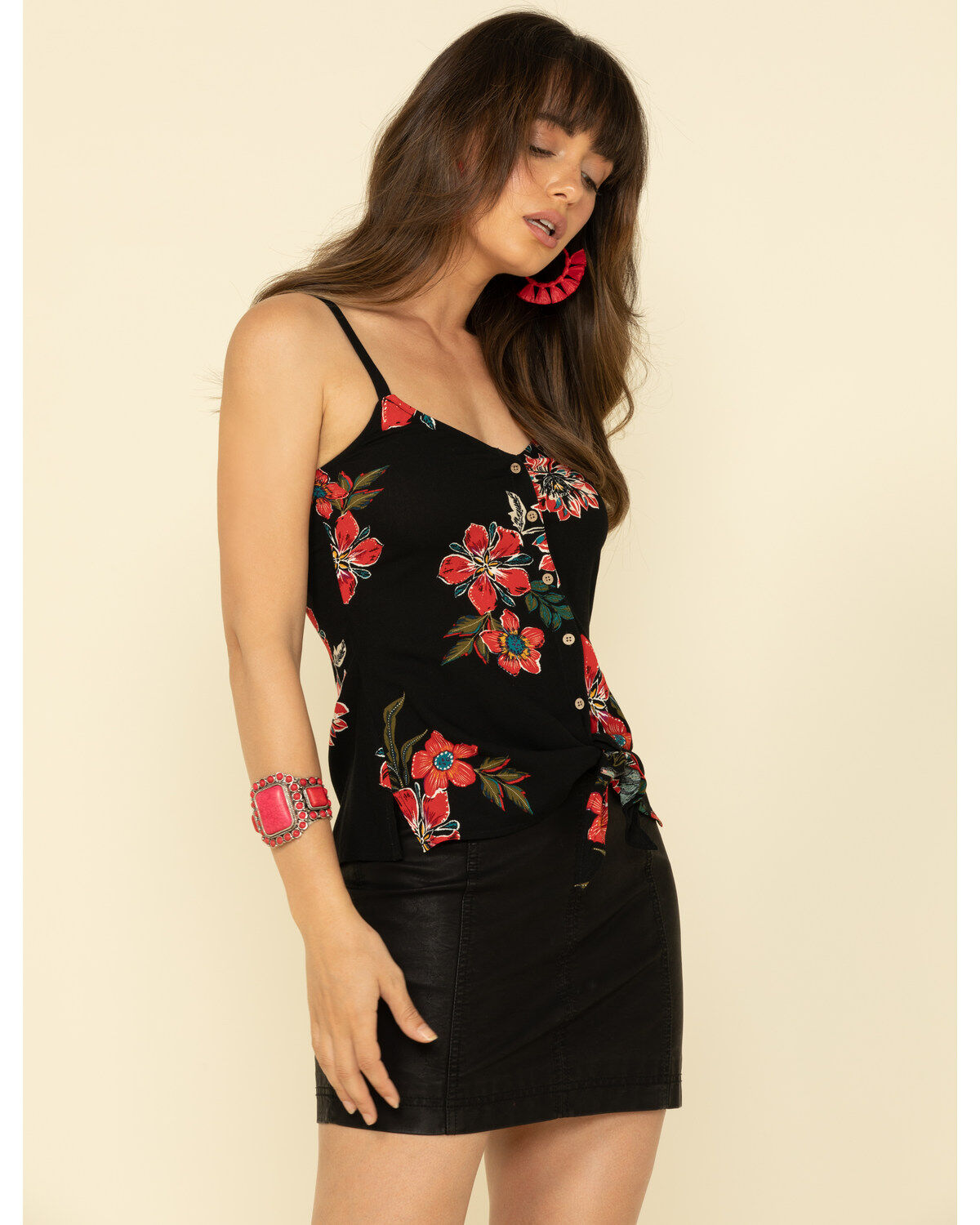 Image #1 - Shyanne Women's Black Floral Button Tie Tank Top, , hi-res