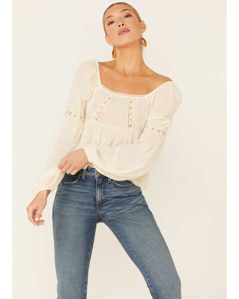 Coco + Jaimeson Women's Ivory Lace Trim Long Sleeve Peasant Top , Ivory, hi-res
