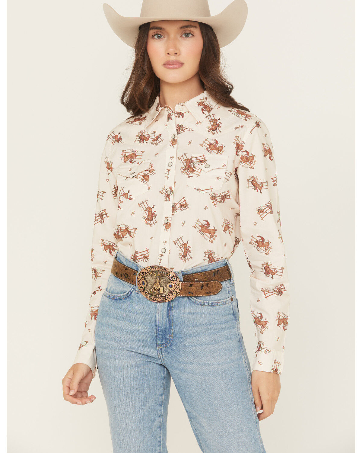 Image #1 - Cruel Girl Women's Horse Rider Conversational Print Long Sleeve Snap Western Shirt, Cream, hi-res