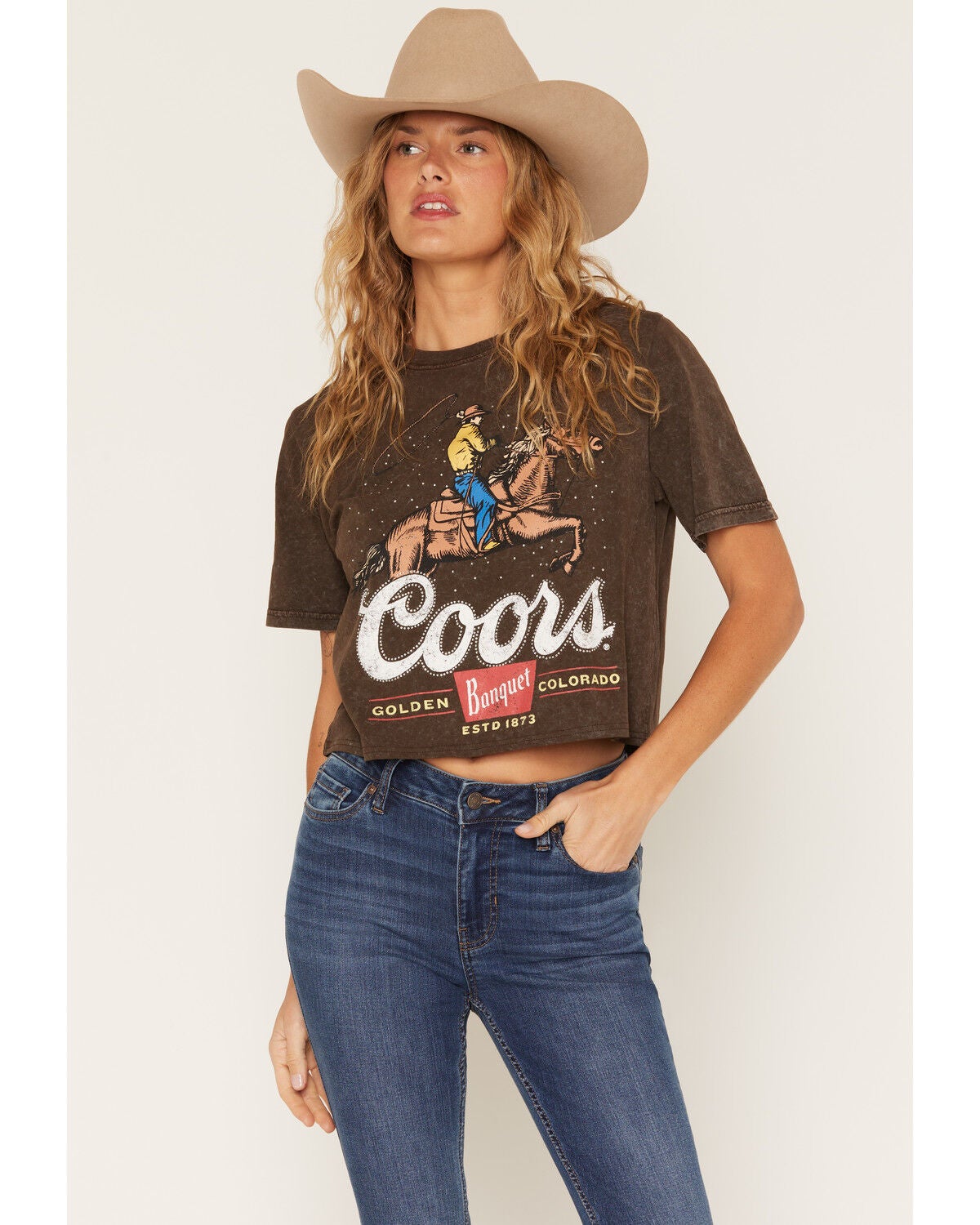 Image #1 - Coors Women's Cowboy Short Sleeve Cropped Graphic Tee, Brown, hi-res