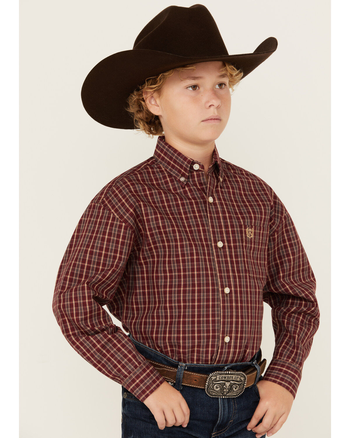 Image #2 - Panhandle Select Boys' Plaid Print Long Sleeve Button-Down Western Shirt, Burgundy, hi-res