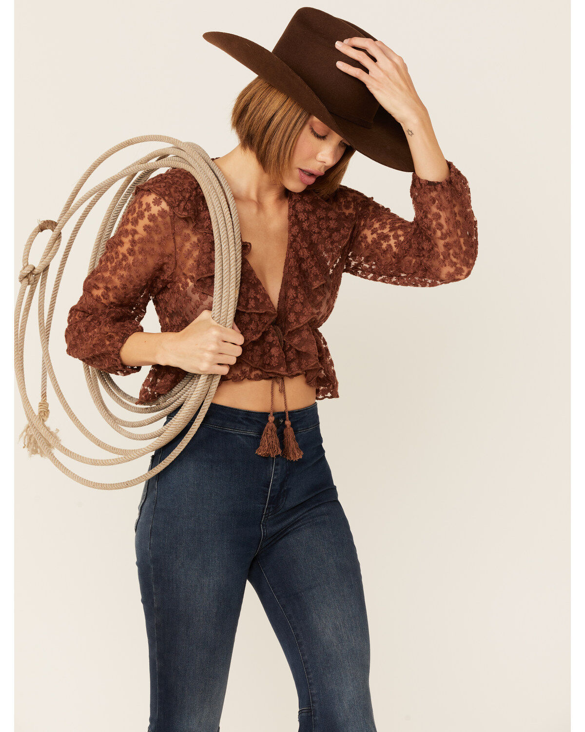 Image #4 - Saints & Hearts Women's Tie Front Lace Ruffle Crop Top, Rust Copper, hi-res
