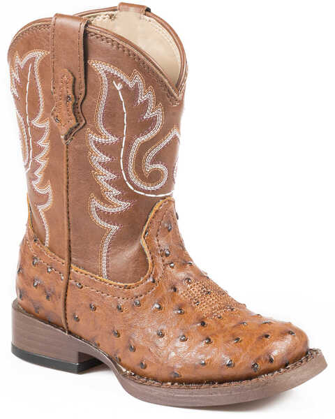 Roper Toddler-Boys' Ostrich Print Western Boots - Square Toe, Tan, hi-res