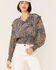 Revel Women's Tapestry Print Smocked Long Sleeve Top, Blue, hi-res