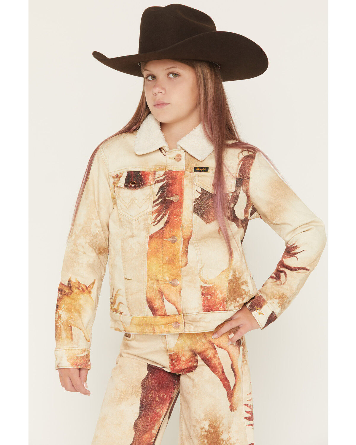 Image #1 - Wrangler X Lainey Wilson Girls' Horse Trucker Jacket, Tan, hi-res