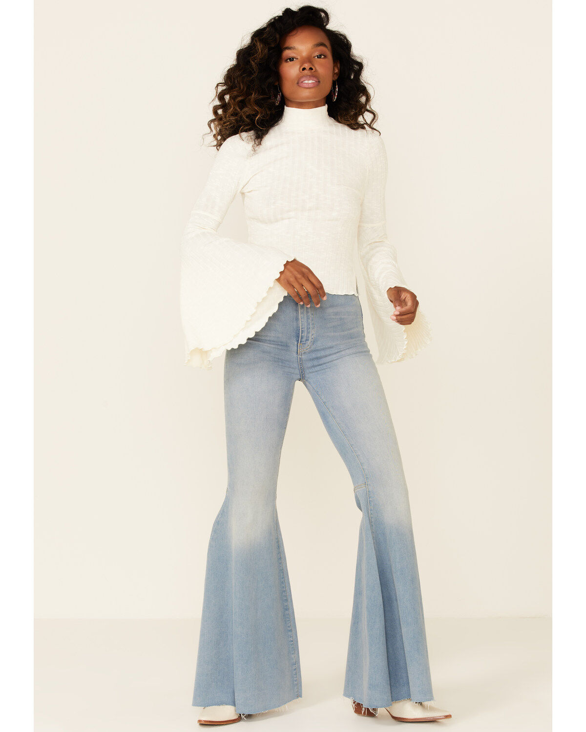Image #4 - Shyanne Women's Rib Knit Mock Neck Bell Sleeve Top, Ivory, hi-res