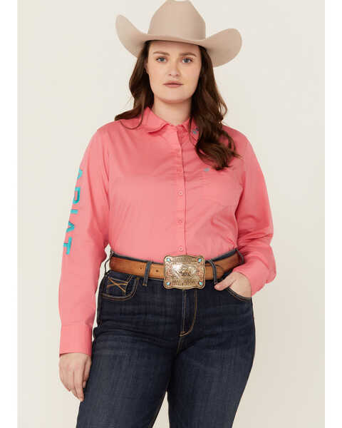 Ariat Women's Team Kirby Wrinkle Resistant Long Sleeve Button-Down Stretch Western Shirt - Plus, Bright Pink, hi-res