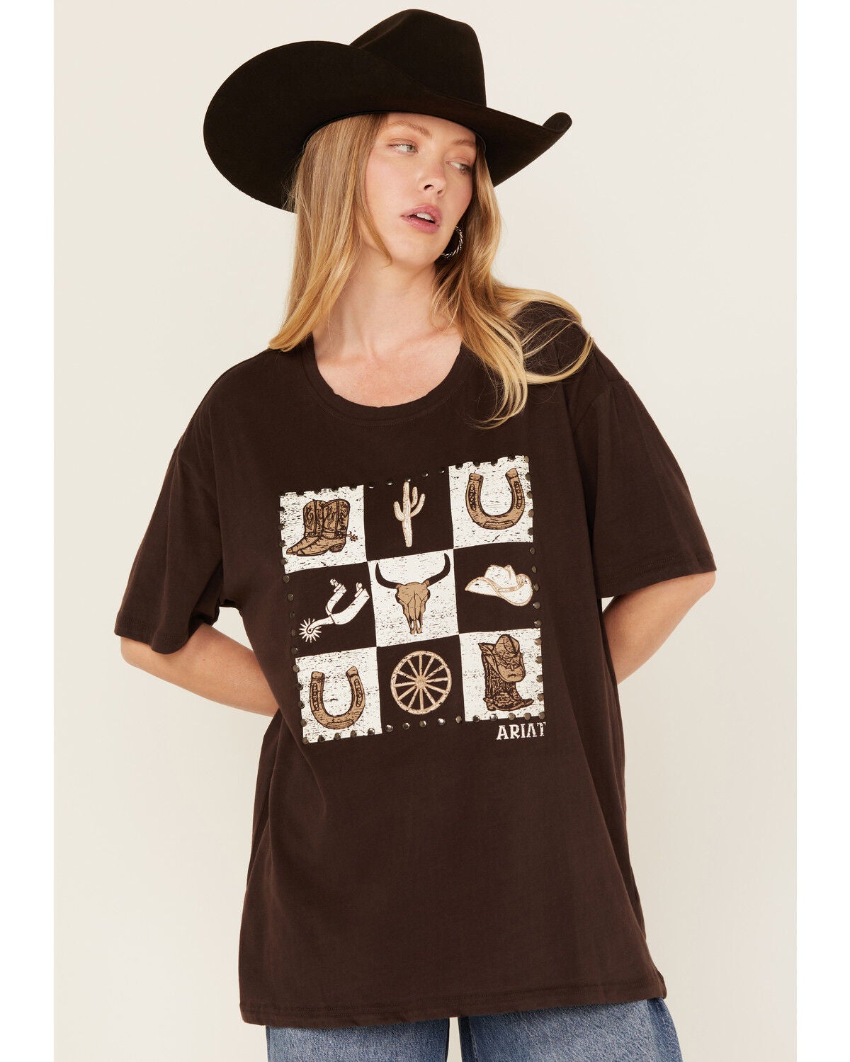 Ariat Women's Checkered Boyfriend Fit Short Sleeve Graphic Tee, Brown, hi-res